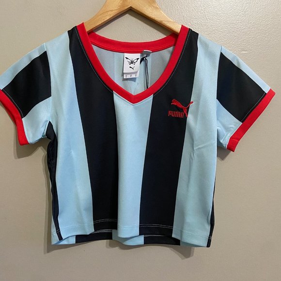 Puma x Dua Lipa Striped Cropped Jersey Shirt Blue Tops Womens 536637-89 NEW - Picture 1 of 10